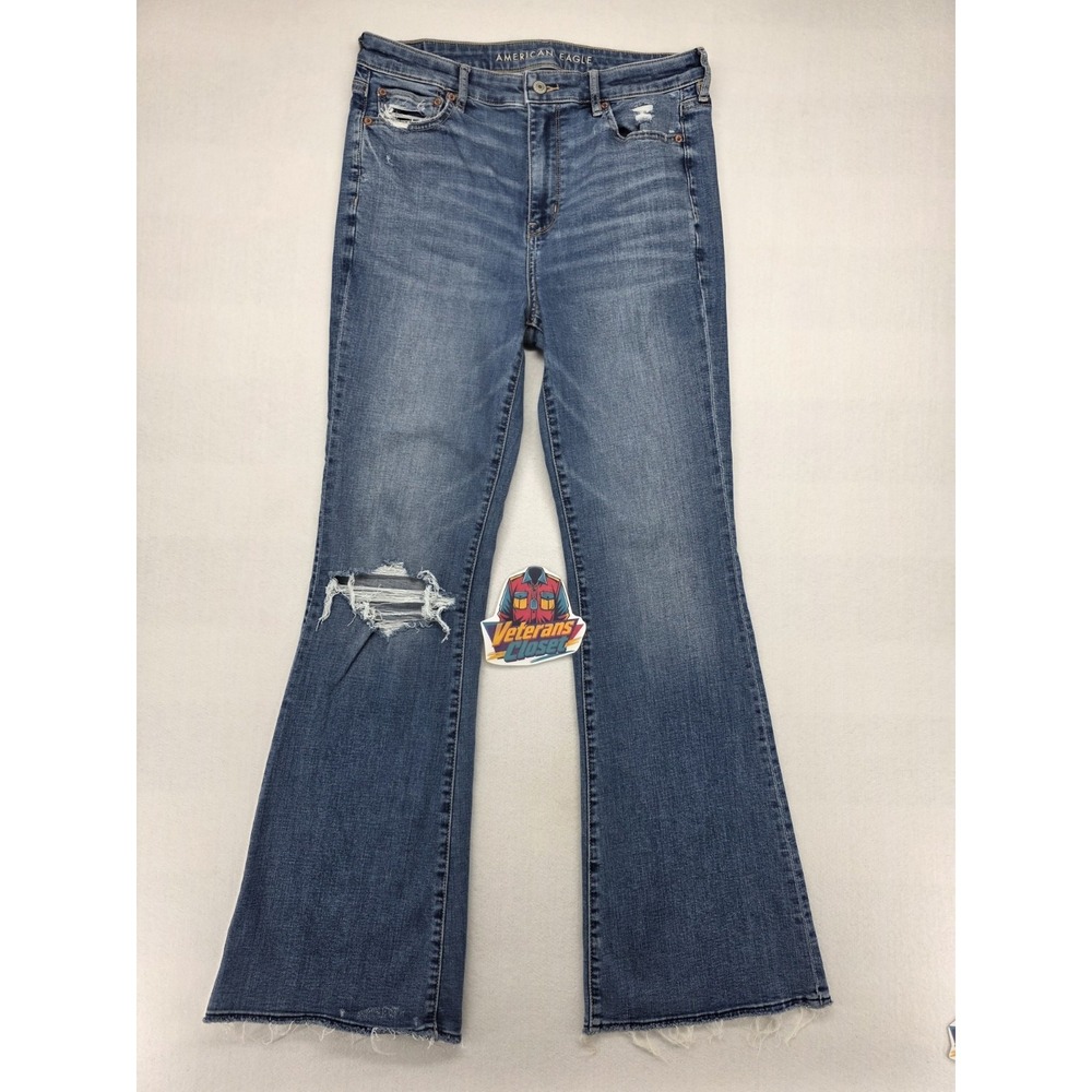 American Eagle Jeans Womens 10 Super High Rise Flare Bell Bottom Blue Stretch